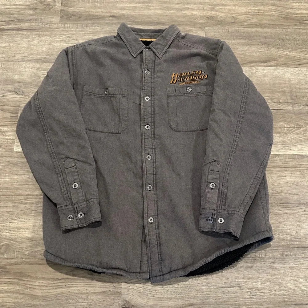 Harley-Davidson Mens XL Gray Sherpa Lined Shirt Jacket Shacket Motorclothes